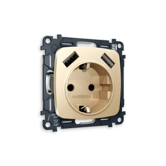 Комплект механизма электрической розетки OMEGA MO609010 Шампань 2USB A+A 18W быстрая зарядка с заземлением и шторками 2P+E 16A-250V QUANT от ImperiumLoft