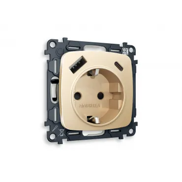 Комплект механизма электрической розетки 2USB A+C 20W быстрая зарядка с заземлением и шторками 2P+E 16A-250V Volt QUANT MO610010