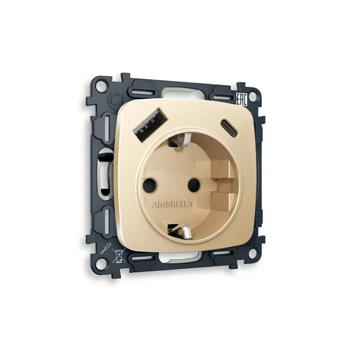 Комплект механизма электрической розетки OMEGA MO610010 Шампань 2USB A+C 20W быстрая зарядка с заземлением и шторками 2P+E 16A-250V QUANT от ImperiumLoft
