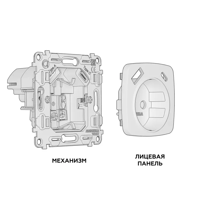 Комплект механизма электрической розетки OMEGA MO610010 Шампань 2USB A+C 20W быстрая зарядка с заземлением и шторками 2P+E 16A-250V QUANT от ImperiumLoft