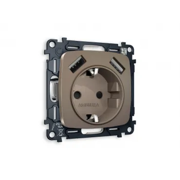 Комплект механизма электрической розетки 2USB A+A 18W быстрая зарядка с заземлением и шторками 2P+E 16A-250 Ambrella Volt MO MO639010