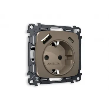 Комплект механизма электрической розетки 2USB A+C20W быстрая зарядка с заземлением и шторками 2P+E 16A-250V Ambrella Volt MO MO640010