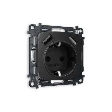 Комплект механизма электрической розетки 2USB A+A 18W быстрая зарядка с заземлением и шторками 2P+E 16A-250V Ambrella Volt MO MO809010