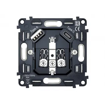 Механизм электрической розетки 2USB A+C 20W быстрая зарядка с заземлением на винтовых зажимах 16A 250V Ambrella Volt VM VM160