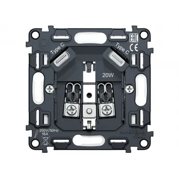 Механизм электрической розетки 2USB С+C 20W (быстрая зарядка) с/з на винтовых зажимах 16A-250V Volt QUANT VM165
