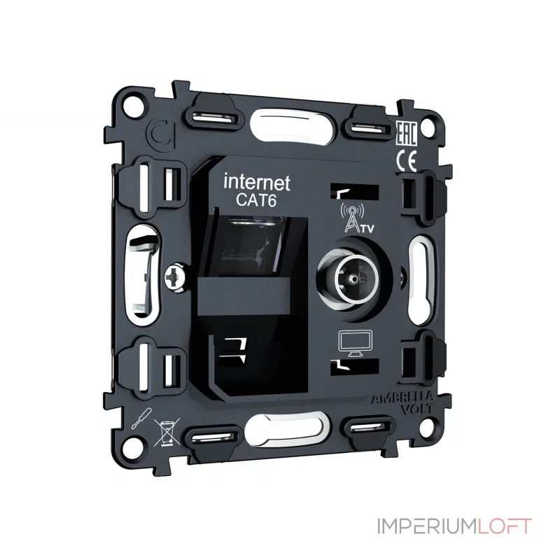 Механизм розетки компьютерной + TV оконечной RJ-45 (8P8C) CAT6/50-870 MHz 1dB с автоматической защитной шторкой Volt QUANT VM195 от ImperiumLoft Механизм розетки компьютерной + TV оконечной RJ-45 (8P8C) CAT6/50-870 MHz 1dB с автоматической защитной шторкой Volt QUANT VM195 от ImperiumLoft