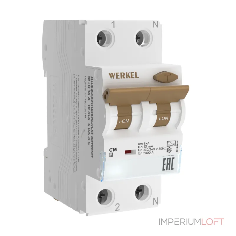 Дифференциальный автомат 1P+N 16 A 10 mА 6 kА C A Werkel W922P324